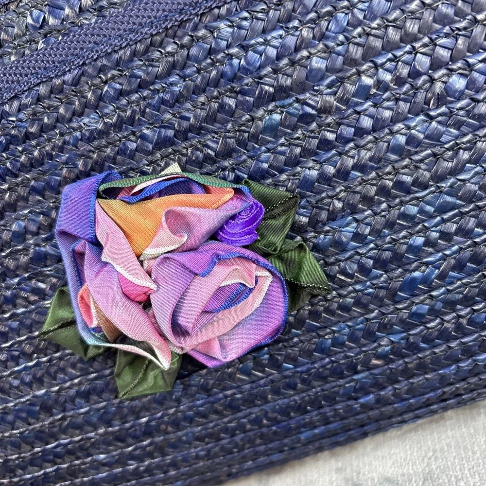 Navy Blue Straw Clutch Purse Bag Crossbody 3D Floral Appliqué Boho Basket Beachy